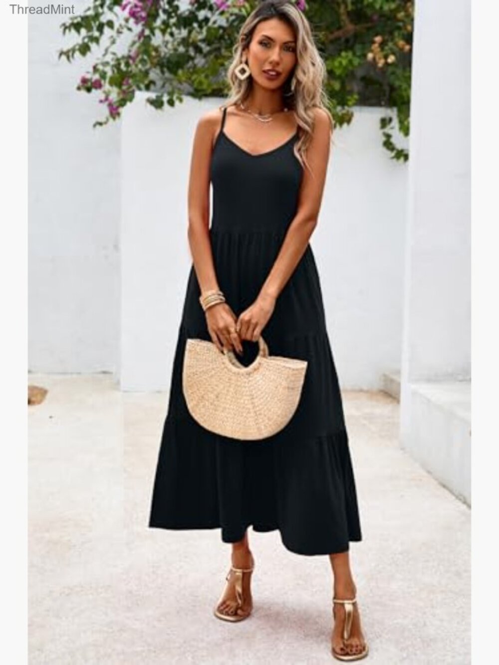 Flowy Tiered Maxi Dress Sleeveless Sundress Adjustable Straps Long Beach Dress - Picture 4 of 7